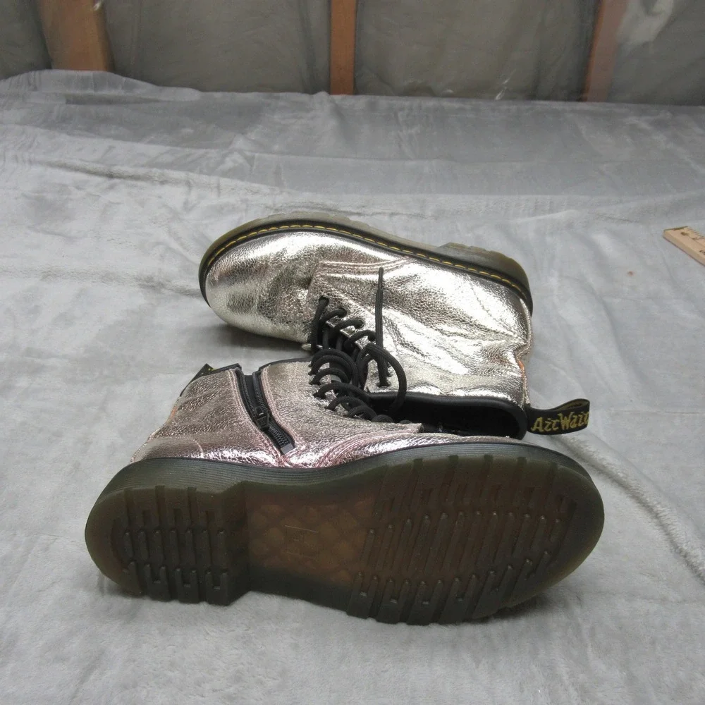 Dr Martens Girls 5 Combat Shoes Silver Crinkle Metallic Glitter Leather‎ Chunky